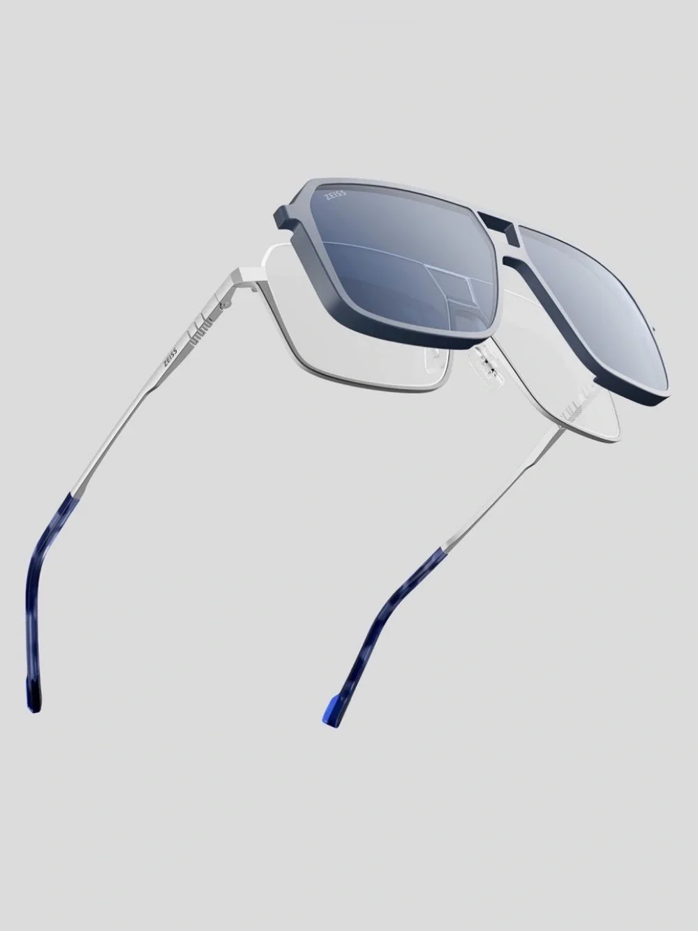 New ZEISS Men's Metal Frame Glasses with Detachable Black/Blue Clip-On Sunglass